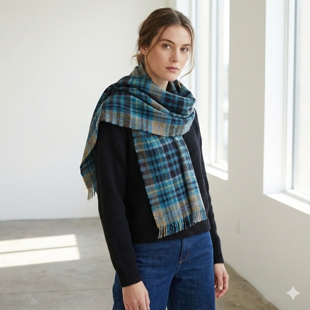 Vintage Holt Renfrew blue plaid extra fine wool shawl wrap scarf with fringe